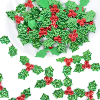100 Adet Mini Glitter Yeşil Holly Yaprak Kırmızı Berry Noel Süs Yapay Holly Yaprakları Stick-on DIY Sanat Kumaş Aksesuarları