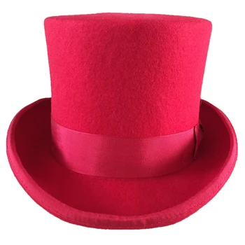 13.5 cm Kırmızı Yüksek silindir şapka Victoria Klasik Geleneksel Yün Fedoras dokulu şapka / Silindir Şapka