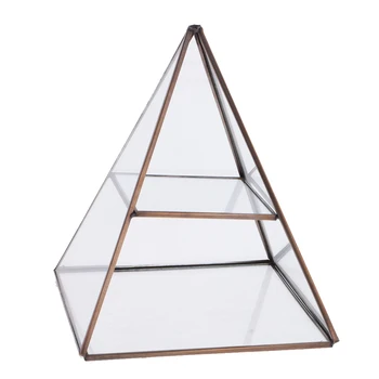 2 Katlı Vintage Stil Pirinç Şeffaf Cam Piramit Aynalı Gölge Kutusu mücevher vitrini
