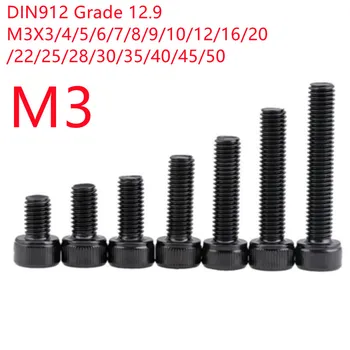20/50 adet allen başlı vida DIN912 M3 3mm ila 100mm Sınıf 12.9 çelik siyah altıgen soket kapağı başlı vida