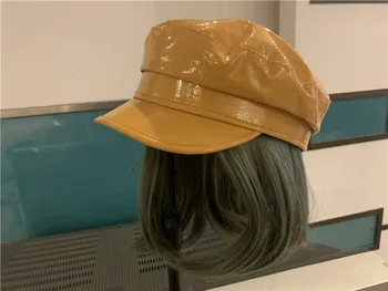 202011-shı dropshipping moda pu şapka patchwork Serin Yanlış saç bayan hizmeti Sekizgen şapka kadın eğlence siperliği kap