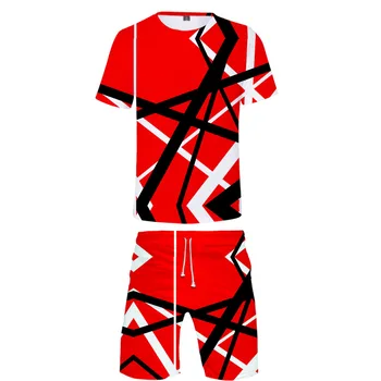 2021 Sıcak Satış Eddie Van Halen Erkekler / Kadınlar 2 Set Yaz Popüler Rahat Moda Yüksek Sokak T-shirt Gömlek + kısa pantolon Setleri