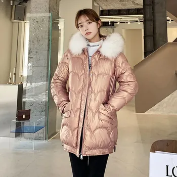 2021 Yeni Kış Ceket Kadın Palto Parkas Parlak Kürk Yaka Kapşonlu Palto Kalın Sıcak Kadın Uzun Pamuk Yastıklı Parka Ceketler