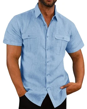 2022 Yaz Yeni erkek Gömlekleri Düz Renk Keten Hırka Kısa Kollu Gevşek Yaka erkek gömlekleri