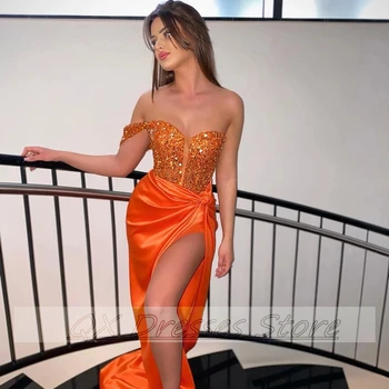 2022 Yeni Turuncu Balo Abiye Sevgiliye Mermaid Parti Elbise Sequins Yüksek Bölünmüş Uzun Kokteyl Elbisesi Vestidos De Noche