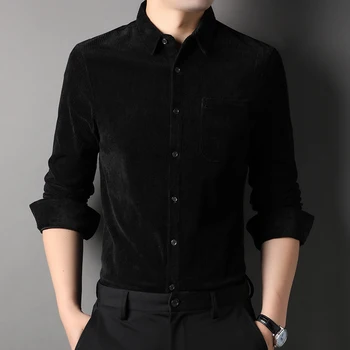 2023 Bahar Yeni İş Rahat Kadife Gömlek Klasik Tarzı Düz Renk Moda İnce Uzun Kollu Gömlek Erkek Marka Giyim