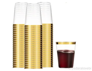 300ML Altın Plastik Bardak 10 Oz Sert Tek Kullanımlık Bardak Plastik şarap bardağı Parti Düğün şarap bardağı Şeffaf Plastik Altın Jant