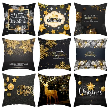 45 * 45 cm Siyah Altın Baskılı Merry Christmas Yastık Kılıfı Ev Polyester kanepe minder örtüsü Noel dekoratif kırlent