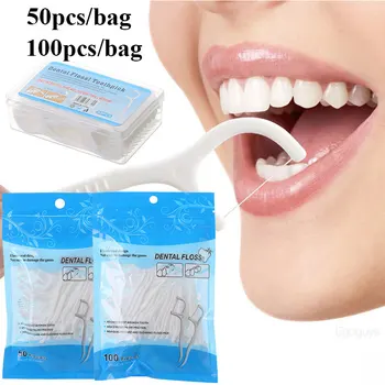 50/100 ADET Tek Kullanımlık Diş diş ipi Diş Temizleyici Çubukları Ağız Hijyeni Diş İnterdental Temizleme Pensesinde Kürdan Aracı