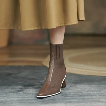 6.5 cm 2022 Yeni kadın Örme Yüksek Topuk Sonbahar Kış Çorap Çizmeler Moda Sivri Burun Streç Kumaş Bayan Ayak Bileği Patik