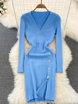 ALPHALMODA 2022 Sonbahar Yeni Uzun kollu Düğmeler Trim V Yaka Kadın Şık Moda Örme Elbise Kazaklar Katı Moda Kazak Elbise