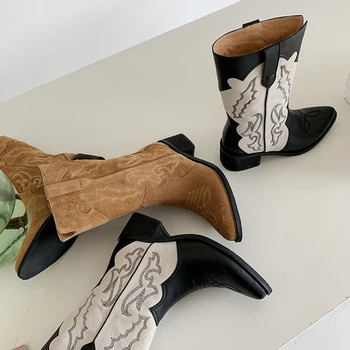Avrupa Kadınlar Batı Çizmeler Moda bayan ayakkabıları Üzerinde Kayma İnek Deri Patchwork Kadın Çizmeler Marka Tasarım Kadın Ayakkabı botas