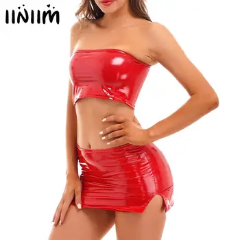 Bayan Kırmızı Renk ıslak Bak Patent Deri Kıyafetler Clubwear Straplez Fermuar Kırpılmış seksi tüp Üst Mini Etek iç çamaşırı seti
