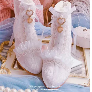 Beyaz Dantel Şerit Prenses Mahkemesi Patik Çünkü Lolita Loli Victoria Kawaii Japon Tatlı Kız Ayakkabı Anime Lolita Ayakkabı Düşük Yardım