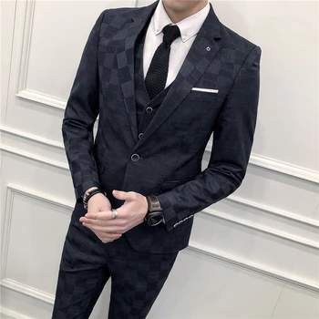 [Blazer + Yelek + Pantolon]Moda ekose erkek rahat butik düğün damat en ıyi erkek takım elbise resmi ış üç parçalı takım elbise erkek takım elbise