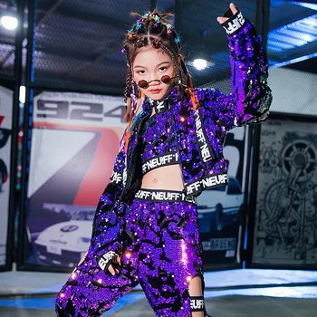 Caz Kostüm Kızlar Mor Pullu Hip Hop Seti Sokak Dans Performansı Giyim Sahne Dans Giyim Alevlendi Kollu Elbise
