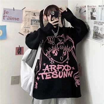 Deeptown Gotik Streetwear Anime Baskı Örme Kazak Kadın Harajuku Punk Hip Hop O-Boyun Boy Uzun Kollu Jumper Kawaii Üst