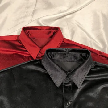 Erkek Kış Gömlek Kadife Kırmızı Siyah Lüks Giysiler Mens Bordo Kadife Gömlek Koreli Erkek Giyim Streetwear Gevşek Camisas
