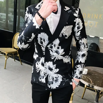 Erkek Moda Altın Çiçek Baskılı Blazers Kruvaze Blazer Erkekler 2019 Zarif Casual Blazer Erkekler İçin Düğün Balo Elbise Q782