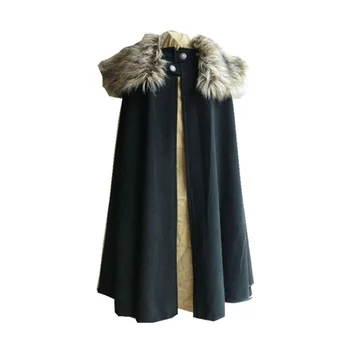 Erkek Ortaçağ Kostüm Pelerin Sonbahar Kış Kalın Sıcak Katı Kürk Yaka pelerin palto Gevşek Gotik Kadınlar Vintage Yün Bayanlar Mont