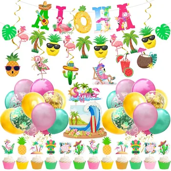 Flamingo Parti Dekor Tropikal Hawaiian Luau Parti Malzemeleri Balonlar Kağıt Bardak Tabak Saman Ilk Doğum Günü Partisi Süslemeleri Çocuklar