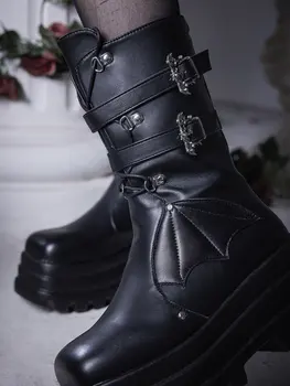 GİGİFOX Goth Platformu Orta Buzağı Çizmeler Kadın Punk Takozlar Motosiklet Botları Kış Ayakkabı Tıknaz Topuk Moda Toka Çizmeler Ayakkabı