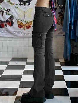 Grunge Mavi Y2k Kot Alt Cepler Flare Pantolon Kadınlar İçin Estetik E-kız Retro Temel Harajuku Pantolon Anne Düşük Bel Kargo Pantolon