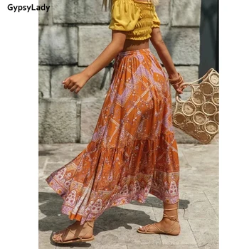 GypsyLady Vintage Chic Hippi Kadın Etek Çiçek Baskı Boho Plaj Etekler Yüksek Elastik Bel Pileli Boho Rayon Maxi Etek Femme