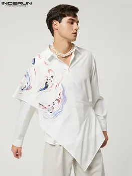 INCERUN 2022 Moda Erkek Baskı Gömlek Yaka Uzun Kollu Streetwear Lace Up Düzensiz Gömlek Pelerin Gevşek Rahat Camisas S-5XL