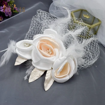 JM01 Beyaz Çiçek Tüy Gelin Net Kuş Kafesi Peçe Büyüleyici düğün duvağı Fascinators Şapkalar Gelin Düğün Beyaz Başlığı Şapkalar