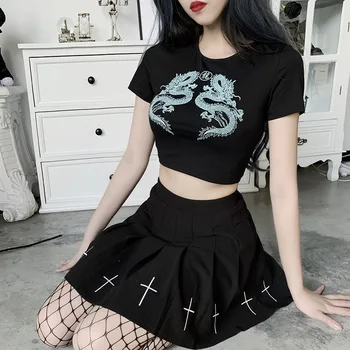 Kadın Gotik Kırpma Üst Yaz Seksi T Shirt Japon Harajuku Tee Goth Kırpma Üst Siyah Kısa Kollu Elbise Ejderha Baskı