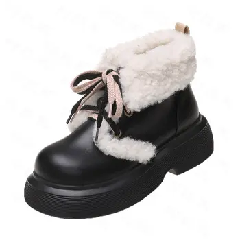 Kadın Mary Jane Ayak Bileği Çapraz Bağlı platform ayakkabılar Yeni Kış Peluş Sıcak Daireler Kaymaz Goth Chelsea Çizmeler 2022 Chaussures Femme