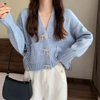 Kadın Moda Taklidi Yay Düğmeleri Gevşek Örme Hırka Kazak Yeni Vintage Uzun Kollu Cepler Kadın Giyim Chic Tops