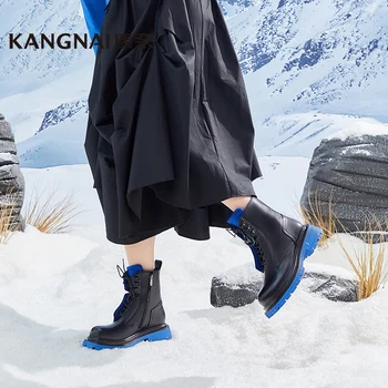 Kangnai Kadınlar İnek Deri Çizmeler Dantel-Yan Zip Yuvarlak Ayak Düz Platform Sonbahar Kadın Ayakkabıları Çizme Ayak Bileği