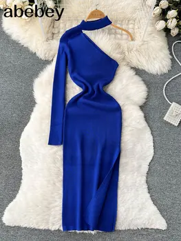 Kapalı Omuz Kadın Örme Kalem Elbise Kore Uzun Kollu Elastik İnce Elbise Sonbahar Kış Seksi Bodycon Sıcak Kazak Elbise