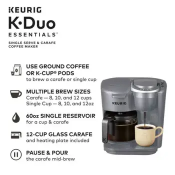 Keurig K-Duo Essentials Tekli Servis ve Sürahi Kahve Makinesi, Ay Işığı Grisi