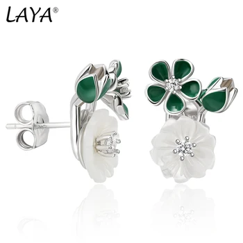 Laya 925 Ayar Gümüş Yüksek Kalite Zirkon Doğal Kabuk Çiçek Yeşil Yaprak Emaye Stue Küpe Kadınlar İçin Trendy Takı