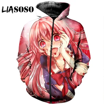 LIASOSO 3D Baskı Kadın Erkek Anime Gelecek Günlüğü Yuno Gasai Kapşonlu Hoodies Tişörtü Casual fermuarlı ceket Harajuku