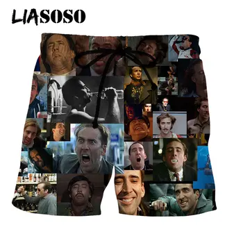 LIASOSO 3D Baskı Unisex Film Yıldızı Nicolas Kafesi Yüz erkek Şort Plaj Rahat Boardshorts Pantolon Baggy Spor Joggers Komik