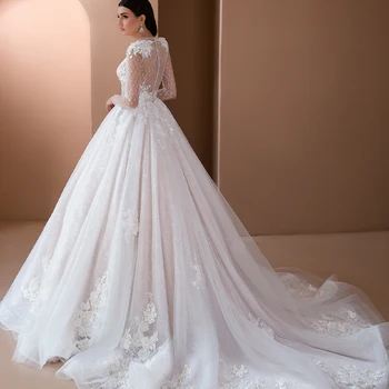 LUOJO A-line düğün elbisesi O-Boyun Uzun Kollu Aplikler Tül Düğmeler Çay boyu gelinlikler Vestidos De Novia 2022 Kadınlar İçin