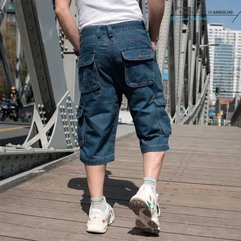 Mcikkny Vintage erkek Kargo Yaz Kot Şort Çok Cepler Mavi Düz kısa kot pantolon Erkek Artı Boyutu 30-46