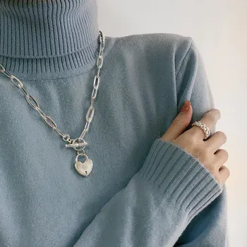 Mewanry Gümüş Renk Kazak Kolye Kadınlar için Yeni Trend Vintage Yaratıcı AŞK Kalp Kalın Zincir Parti Takı Toptan