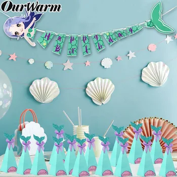 OurWarm Mermaid Parti Dekorasyon Sevimli Küçük Denizkızı şeker kutusu Mutlu Doğum Günü Afiş Çocuklar için Favor Deniz Altında Parti Malzemeleri