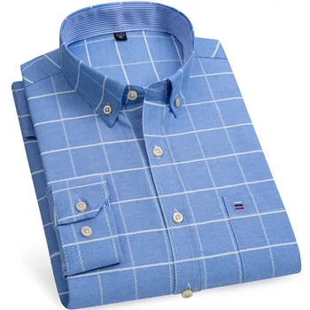 Oxford Pamuklu Gömlek Erkekler Uzun Kollu Ekose Çizgili Gömlek Düz Renk %100 % Pamuk Casual Gömlek Erkekler ıçin Iş Camisas Hombre