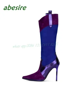 Patchwork Sivri Burun Şövalye Çizmeler Diz Yüksek Yan Fermuar Stiletto Topuklu bayan Botları 2023 Yeni Varış Zarif rahat ayakkabılar Seksi