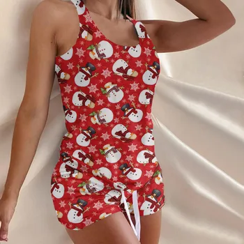 Pijama Ren Geyiği Baskı Kolsuz Tankı Üstleri Şort Pijama Kadınlar İçin Rahat Ekose Noel Takım Elbise Pijama Seti Pijama Pijama