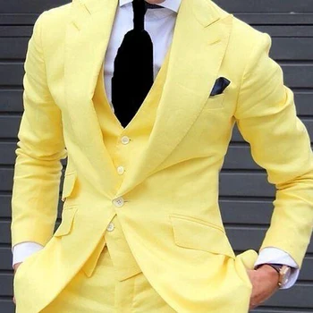 Sarı Slim Fit Balo Takım Elbise Erkekler için 3 Parça Set Ceket Pantolon Yelek Son Kat Rahat Tasarım Erkek Moda Sigara Giysi