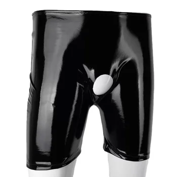 Siyah Kırmızı kısa pantolon Seksi Iç Çamaşırı Clubwear Parlak Wetlook Deri Kısa Pantolon Erotik Erkek baksır şort Külot Açık Penis Delik