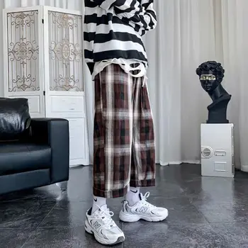 Streetwear Geniş Bacak Ekose pantolon Erkekler Harajuku Moda Kaykay Pantolon Gevşek Rahat Ayak Bileği uzunlukta Pantolon 2022 Yeni