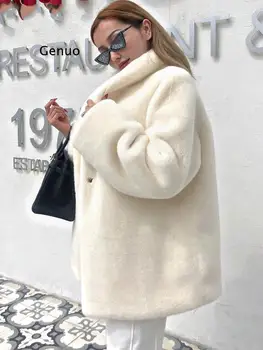 Sıcak Faux Kürk Büyük Boy Ceket Kadın Şal Yaka Raglan Uzun Kollu Kabarık Kat Kış Beyaz Kore Moda Giyim